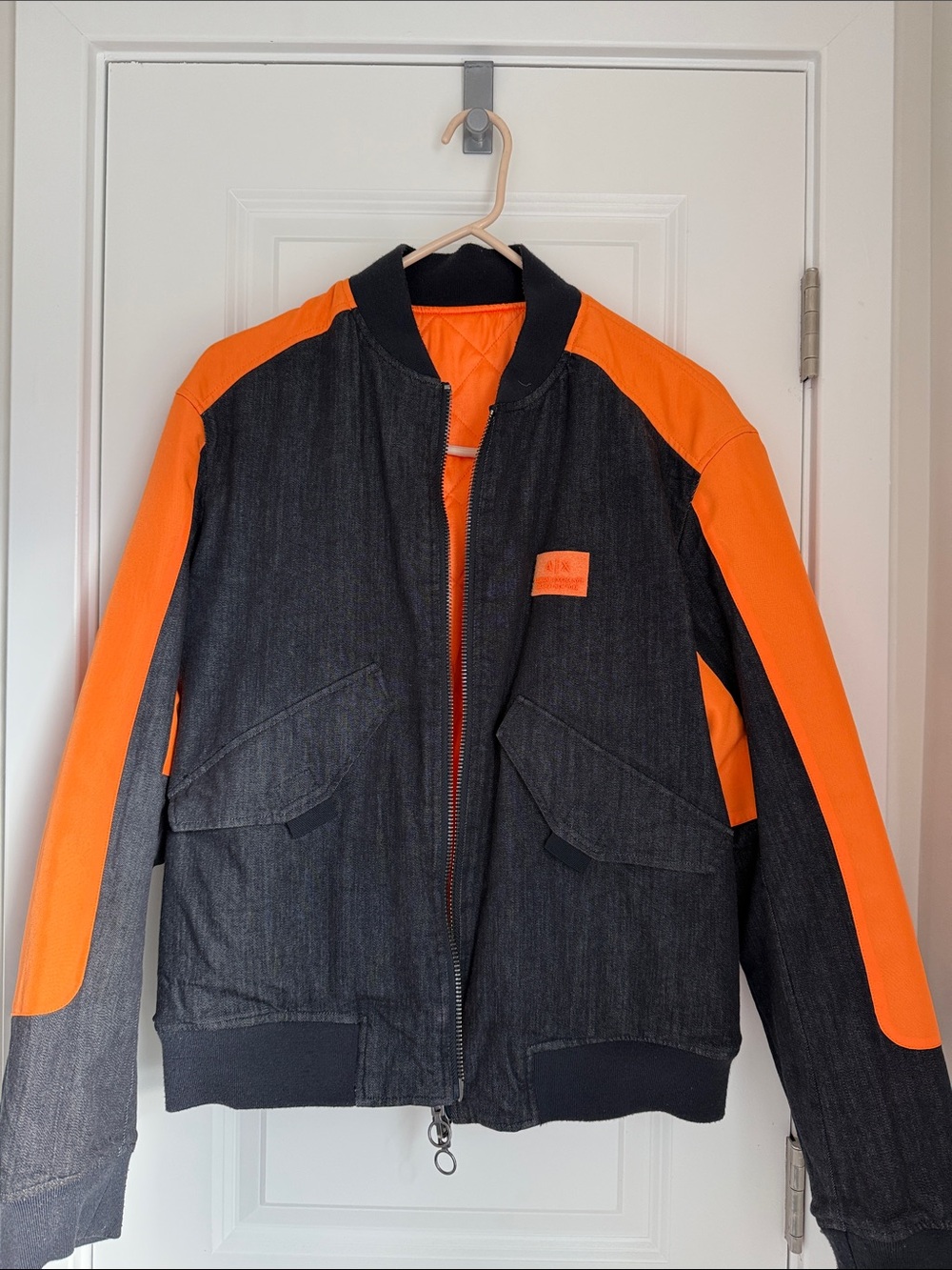 Armani Exchange Reversible Denim / Orange Quilted Flight Bomber Jacket